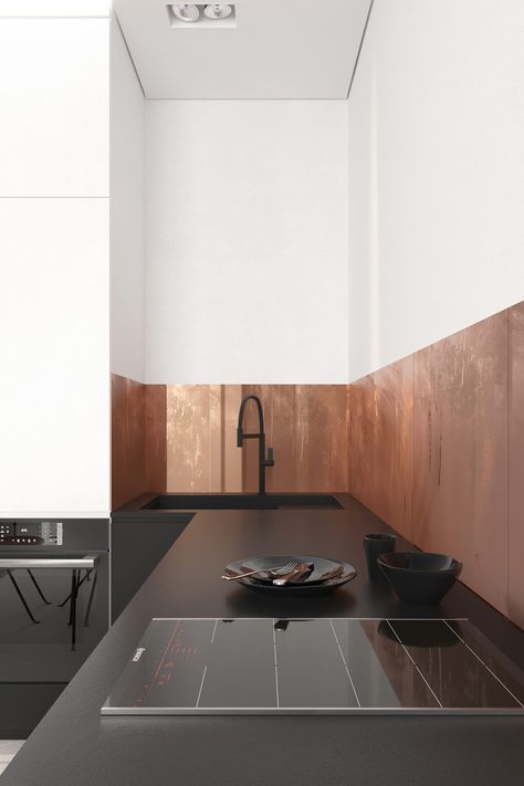 White Studio Apartment, Copper Kitchen Backsplash, Copper Interior, Copper Backsplash, Concrete Effect Paint, Kitchen Corner, Copper Kitchen, Small Apartments, Studio Apartment