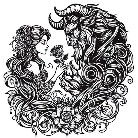 Beauty The Beast Tattoos, Disney Silhouette Art Stencil, Beauty And The Beast Tattoo Ideas, Beauty And The Beast Sketch, Bell Beauty And The Beast, Disney Tattoo Designs, Beauty And The Beast Svg, Beauty And The Beast Silhouette, Beauty And The Beast Drawing