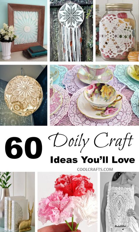 These 60 doily craft ideas should keep you inspired. http://www.coolcrafts.com/diy-doily-crafts/ Ideas For Old Doilies, Quilt With Doilies, Diy Dollies Ideas, Using Doilies In Decor, What To Do With Old Doilies Ideas, Doily Wreath Diy, Repurpose Doilies Upcycle, Uses For Doilies, Doily Lampshade Diy