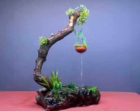 Pot Plant Ideas, Tree Waterfall, Waterfall Diy, Indoor Tabletop Water Fountain, Waterfall Decoration, Office Backyard, Indoor Waterfall Fountain, Waterfall Project, Ganpati Decoration Ideas