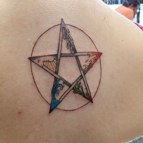 Spirit, air, water, earth, fire;Five points of the pentagram, which signifies balance and protection-- however they aren't in the right placement order of the pent. Pentacle Tattoo Design, Pentacle Tattoo, Wicca Tattoo, Wiccan Tattoo, Pentagram Tattoo, Witchcraft Tattoos, Element Tattoo, Pagan Tattoo, Wiccan Tattoos