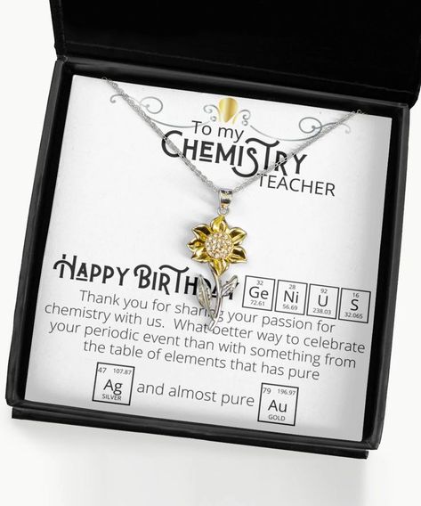 Chemistry Teacher Gift | Teacher Necklace | Teacher Appreciation Gift | Chemistry Card for Science Nerds | Chemistry Teacher Birthday Card - Sunflower Necklace: Weight: 0.14 oz Stunning .925 Sterling Silver necklace. AAAA grade cubic zirconia jewels set throughout the face of the sunflower. The petals are triple plated in 14K gold. Polished to perfection. The pendant is 1.38 inches (35mm) in length. Teachers Day Card For Chemistry Teacher, Happy Birthday Chemistry, Teacher Birthday Card, Teacher Necklace, Happy Teachers Day Wishes, Chemistry Teacher Gift, Teachers Day Greetings, Teachers Necklace, Chemistry Gifts