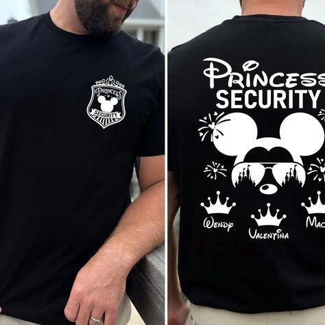 Double Sided Custom Dad Name Castle Princess Security Shirt Check more at https://wondermento.com/product/double-sided-custom-dad-name-castle-princess-security-shirt/ Princess Security Shirt, Whimsical Castle, Lion King Animals, Security Shirt, Mickey Balloons, Disney Designs, Beach Sports, Funny Vintage, Disney Family