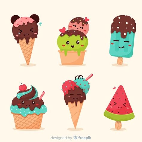 Coleção de personagens de sorvete kawaii | Free Vector #Freepik #freevector #alimento #verao #carater #praia Icing Aesthetic, Ice Cream Cartoon, Cartoon Cupcakes, Kawaii Ice Cream, Vegetable Cartoon, Doodle Girl, Food Cartoon, Cute Donuts, Spongebob Wallpaper