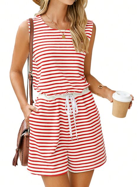 Womens Rompers For Summer 2025 Striped Shorts Overall Sleeveless Jumpsuits Elastic Waist Beach Outfits With Pockets Red Stripes Casual,Cute  Sleeveless Polyester Striped Other Slight Stretch Summer Women Clothing, size features are:Bust: ,Length: ,Sleeve Length: Womens Rompers, Summer 2025, Beach Outfits, Sleeveless Jumpsuits, Striped Shorts, Rompers Women, Beach Outfit, Jumpsuits For Women, Summer Women