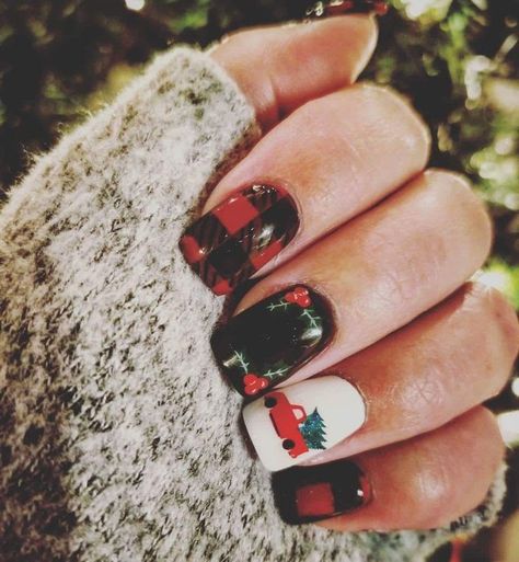 Red Truck Christmas Nails, Red Truck Nails, Christmas Truck Nails, Truck Nails Designs, Buffalo Plaid Nails Christmas, Truck Nails, Buffalo Plaid Nails, Practice Nails, Buffalo Christmas