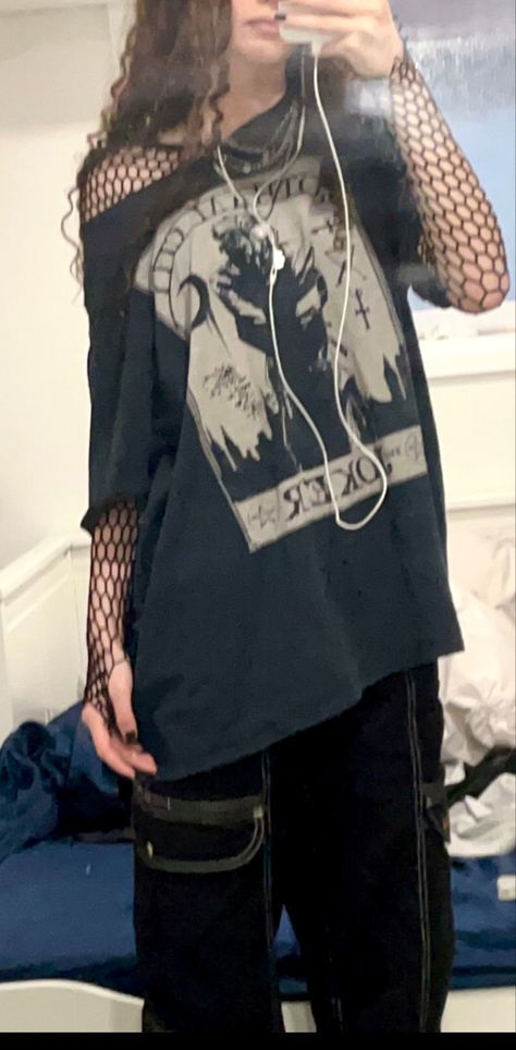 Emo Outfits Fishnet, Style Fishnet Top, Fishnet Tshirt Outfits, Fishnet Sleeves Under Shirt Outfit, Fishnet Shirt Outfit Grunge, Fishnets As Top, Fishnet Top Outfit Men, Goth Outfits With Fishnets, Oversized Emo Outfits