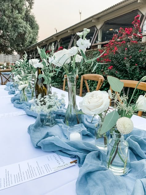 Reception Bud Vases, Creative Floral Arrangements, Bud Vases Wedding, Moon Flowers, Blue Centerpieces, Blue Table Runner, Something Blue Bridal, Blue Bridal Shower, Blue Themed Wedding