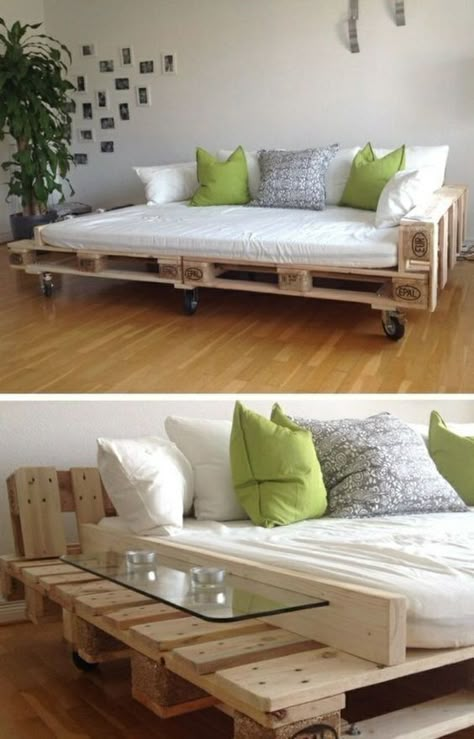 Pallet Bank, Homemade Sofa, Palette Furniture, Unique Sofas, Pallet Couch, Pallet Sofa, Diy Sofa, Sofa Side Table, Diy Furniture Couch