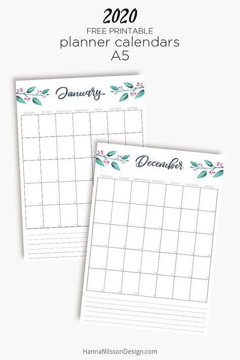 2020 Free printable planner Calendar | Download one of our beautiful yearly A5 calendars for free and print at home | The 2020 calendar is available in two different designs: Leaf branch or Floral. Pick your favorite or alternate throught the year. | #planner #2020 #calendar #printable #freeprintable #floral Planner Calendar Printables, Free Printable Planner, Printable Calendars, Calendar Download, Year Planner, Unique Calendar, Monthly Planner Printable, Home Management Binder, 2020 Calendar