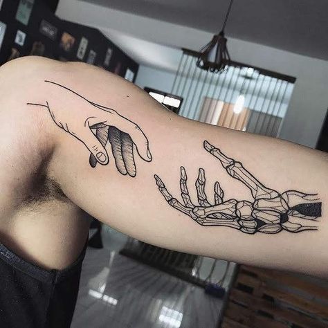 Hand Reaching Out Tattoo, Reaching Out Tattoo, Two Hands Tattoo, Small Wave Tattoo, Skeleton Tattoos, Bicep Tattoo, Skeleton Hand Tattoo, Inspiration Tattoos, Tattoo Meaning