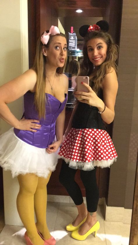 Daisy And Minnie Halloween Costume, Minnie And Daisy Halloween Costumes, Disney Best Friend Costumes, Minnie Mouse And Daisy Duck Costumes, Daisy And Minnie Costumes, Minnie And Daisy Costume, Minnie And Mickey Costumes, Daisy Duck Halloween Costume, 2 People Halloween Costumes