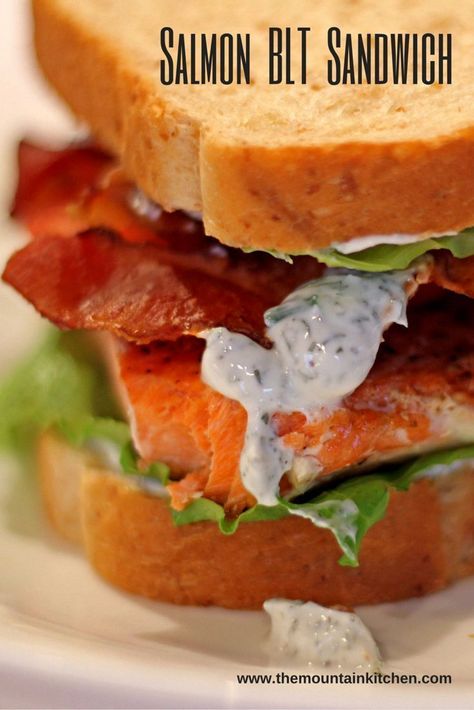 Salmon Blt Sandwich, Salmon Blt, Blt Sandwich Recipes, Blt Sandwiches, Classic Blt Sandwich, Yogurt Dill Sauce, Honey Wheat Bread, Salmon Sandwich, Salmon Fillet