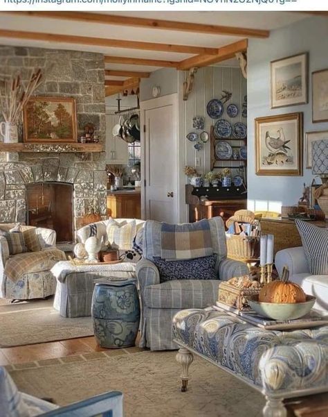 Country Blue Living Room Farmhouse, Cottage Family Room Ideas, Comfy Cottage Living Room, Blue Cottage Living Room, Vintage English Cottage Interiors, Cottage Style Interior Design, Woodstove Surrounds, Family Room Design Cozy, Rustic Cottage Living Room