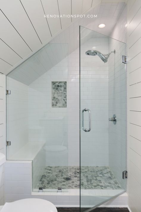 Small Bathroom Ideas | Slanted Ceiling Bathroom Design | Modern Attic Bathroom Shower Design Hi, we’re Shahab & Amanda Fard! We specialize in home renovations & building new homes in Atlanta, Georgia! We share our renovation projects & inspiration for modern homes, kitchens, bathrooms, bedrooms & more! Follow along for all things dream home aesthetic & home renovation inspiration. Head to renovationspot.com to build your dream home together. Sloped Ceiling Bathroom Ideas, Small Bathroom Ideas Sloped Ceiling, Dormer Bathroom Ideas Slanted Ceiling, Bathroom Remodel Slanted Ceiling, Slanted Shower Ceiling, Bathroom With Angled Ceiling, Small Bathroom Slanted Ceiling, Shower With Slanted Ceiling, Bathroom Ideas Slanted Ceiling