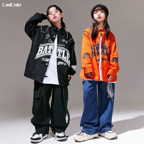 Hip Hop Girls Cool Shirt Loose Jeans Boys Jazz Jacket Cargo Pants Children Streetwear Costumes Kids Hiphop Fits, 90s Hiphop Outfit, Hiphop Outfit, Street Dance Outfits, Jazz Performance, Dance Street, Hip Hop Kids, Hip Hop Girl, Hip Hop Clothes