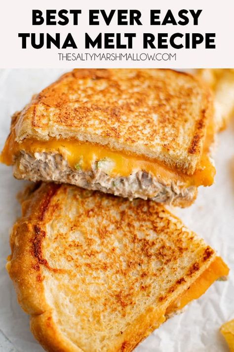 Tuna Melt Hot Tuna Melt Sandwich, Tuna Ideas, Best Tuna Sandwich, Tuna Sandwich Recipes, Pickles Onions, Marshmallow Recipes, Tuna Melt Sandwich, The Salty Marshmallow, Tuna Melt Recipe