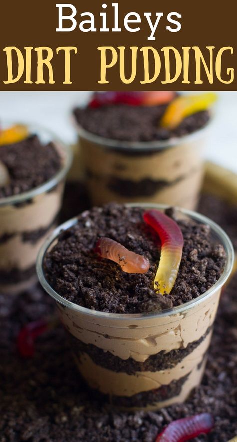 A childhood classic with an adult twist - try these Baileys Dirt Pudding cups for a fun dessert you can enjoy today. Dirt Cake Ideas, Boozy Food, Dirt Pudding Cups, Pudding Shot Recipes, Dirt Dessert, Dirt Pudding, Holiday Snack, Fun Dessert, Pudding Shots