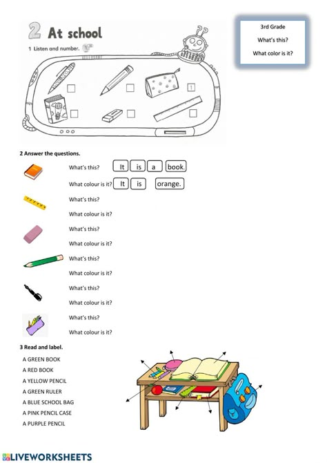 What's this? What colour is it? worksheet Teaching Prepositions, Colors Name In English, English Quiz, Kids School Supplies, English Phonics, English Worksheets For Kids, Classroom Language, English Activities, Education English