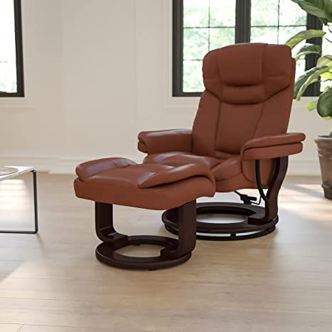 Flash Furniture Contemporary Multi-Position Recliner and Curved Ottoman with Swivel Mahogany Wood Base in Brown Vintage LeatherSoft Curved Ottoman, Black Leather Recliner, Contemporary Recliners, Recliner With Ottoman, Faux Leather Ottoman, Furniture Contemporary, Leather Recliner Chair, Chair And Ottoman Set, Swivel Recliner