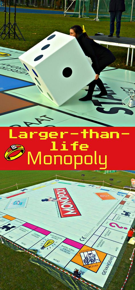 A classic with a twist! This Monopoly® board is larger than life fun! Students from the University of Wageningen, with help from Hasbro, created the largest Monopoly® board, measuring 900.227m^2 (9,689.97 ft^2). Ages: 8-∞. #boardgame #game #fun #large #incredible #Hasbro #Monopoly #classic #creation #amazing #kids #adults #play #parents #awesome Life Size Monopoly Game Diy, Monopoly Decor, Monopoly Night, Life Size Games, Unique Bedrooms, Life Board Game, Monopoly Party, Monopoly Cards, Halloween Office