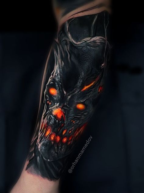 Colour Forearm Tattoo Men, Dark Cover Ups Tattoos, Demon Sleeve Tattoo For Men, Blacked Out Skull Tattoo, Demonic Tattoo Sleeve, Inner Arm Tattoo Design, Dark Mens Tattoo, Best Cover Up Tattoos For Men Arm, Dark Forearm Tattoo Men