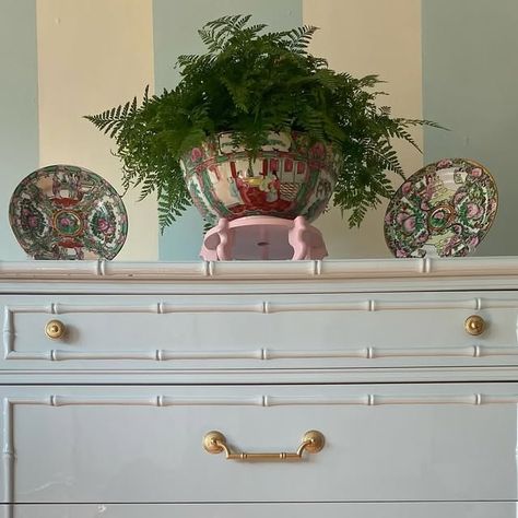 @vintagemoderneclectic on Instagram: "Another classic faux bamboo beauty in a subtle shade of baby blue . Thank you Anna ! 
#fauxbamboodresser #lacqueredfauxbamboo #fauxbamboofurniture #chinoiseriechic #rosemedallion #lacqueredfurniture #babybluedecor #vahomedecor" Chinoiserie Chic, Faux Bamboo, Colorful Furniture, Vintage Furniture, High Gloss, Baby Blue, Abstract Art, Thank You, Furniture