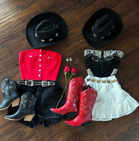 this or that? the answer’s always BOTH! ❤️ . . . . . . . . country concert outfits, western style, trending now, red denim top, black corset top, black cowboy hat, red cowboy boots, summer outfits Black And Red Western Outfit, Boots And Hearts Outfits, Red Cowboy Hat Outfit, Red Country Outfit, Orville Peck Concert Outfit, Black Country Outfits, Red Boots Outfit Western, Red Cowgirl Outfit, Crew Photoshoot