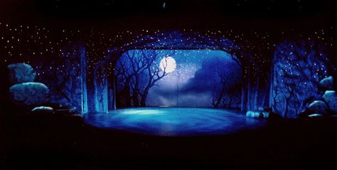 Moon Stage Led Stage Design, Ethereal Stage Design, Moon Theatre Set, Scenic Design Sketch, Theatre In The Round Set Design, Moon Stages, Lighting Design Theatre, Blue Stage Lighting, Purple Stage Lighting