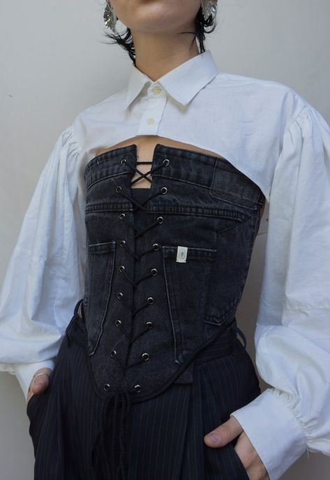 Buy & sell new, pre-owned & vintage fashion Ropa Upcycling, Denim Bustier, Reworked Denim, Corset Outfit, Denim Corset, Futuristic Fashion, Upcycled Fashion, Straight Neckline, Mode Inspo