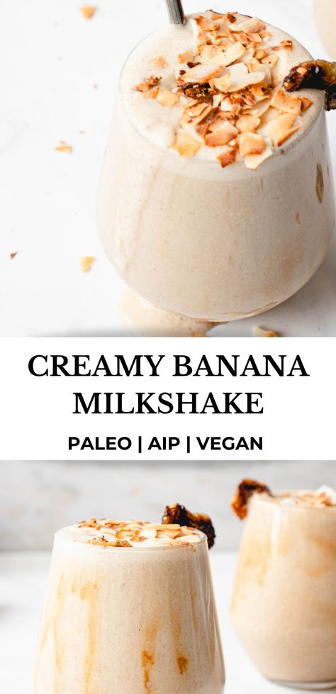 This vegan, paleo, AIP Banana Milkshake is thick, creamy, and delicious, without any added sugar and comes together quickly in the blender. #healmedelicious #aip #aiprecipes #paleo #paleorecipes #autoimmunedisease #aipdiet #autoimmunepaleo #aipprotocol #dairyfree #bananamilkshake #breakfastideas #summerdesserts #summermeals #summertreats Aip Protein Powder, Aip Banana, Milkshake Banana, Easy Milkshake, Aip Drinks, Aip Paleo Desserts, Aip Diet Recipes, Aip Snack, Endo Diet