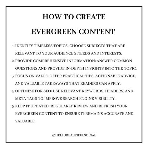 Evergreen content is the cornerstone of a successful content strategy. Unlike trendy posts that fade with time, evergreen content stays relevant and valuable for months-even years- after it's published. It's content that your audience can continually come back to, driving consistent traffic, leads, and engagement. Why is Evergreen Content Important? - Timeless Value: It provides long-term value to your audience by addressing topics that are always in demand. - SEO Benefits: Well-optimize... Evergreen Content, Content Strategy, Social Media Strategies, Come Back, Content Marketing, Search Engine, Benefits, How To Apply, Social Media