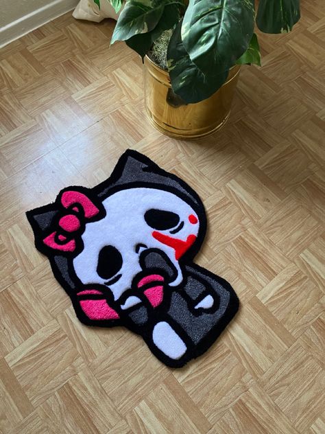 Halloween Tufting Rug, Kuromi Rug, Boujee Bedroom Ideas, Hello Kitty Rug, Tufting Diy, Hello Kitty Bedroom, Graphic Rug, Funky Rugs, Kitty Clothes