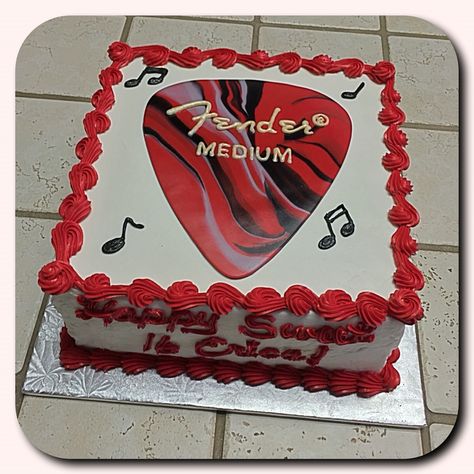 Fender guitar pick cake :) Guitar Pick Cake, Grad Brunch, Birthday Plan Ideas, Guitar Cakes, Guitar Birthday Cakes, Birthday Tune, Guitar Party, Jake Cake, Birthday 16