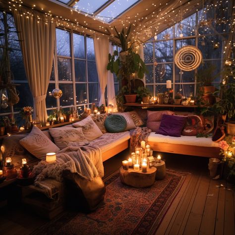 Cozy Conservatory, Sunroom Aesthetic Cozy, Conservatory Bedroom Ideas, Cozy Sunroom Aesthetic, Boho Conservatory, Witchy Sunroom, Fairy Lights Conservatory, Sunroom At Night, Cosy Conservatory Ideas