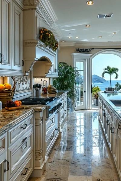 10 Timeless Old Money Kitchen Ideas | Farmhouse Kitchen and Bath Kitchen With Atrium, Unique Homes Interior, Old Money Aesthetic Kitchen, Modern Tuscan Style Homes, House Decor Color Schemes, Future House Aesthetic, Big Kitchen Ideas Luxury, Future House Interior, Old Money Kitchen