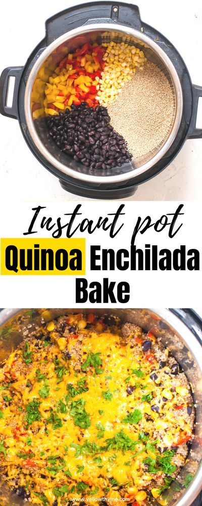 A wholesome Quinoa and Bean Bake with Corn, bell peppers and Enchilada Sauce. Easy Vegetarian lunch recipe that is equal parts delicious and healthy! If you were looking for a Mexican quinoa recipe that would come together within 15 minutes then you have just found it! This Instant Pot Quinoa Burrito Bowl can be topped with cheese to make it more scrumptious or you can use nutritional yeast to make it a vegan dish. Mexican Burrito Bowl, Quinoa Mexican, Mexican Quinoa Bowl, Quinoa Burrito Bowl, Instant Pot Quinoa Recipes, Quinoa Enchilada Bake, Quinoa Enchilada, Quinoa Burrito, Bean Bake