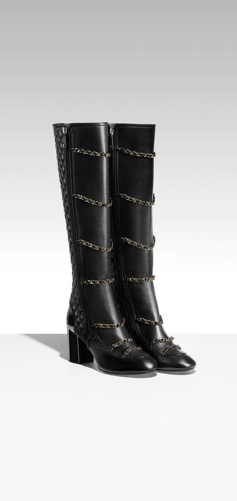 High boots, lambskin & patent calfskin-black - CHANEL Funky Heels, Chanel Fashion Show, Chanel Boots, Silver Boots, Chanel Official, Chanel Official Website, Chanel Fashion, Latest Shoes, Chanel Black