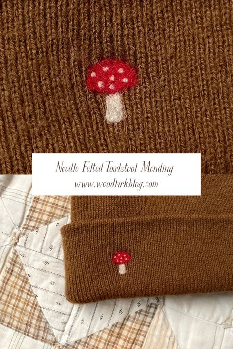 Visible Mending Stitches, Mushroom Patch, Toadstool Mushroom, Needle Felting Tutorial, Felt Mushroom, Mending Clothes, Needle Felting Diy, Felt Patch, Felted Wool Crafts