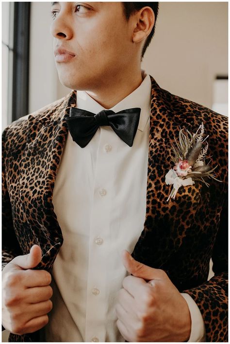 Cheetah Print Wedding, Animal Print Wedding, Leopard Print Wedding, Leopard Wedding, Boutonnieres Wedding, Dahlia Wedding, Wedding Suit Styles, Formal Wedding Attire, Safari Wedding