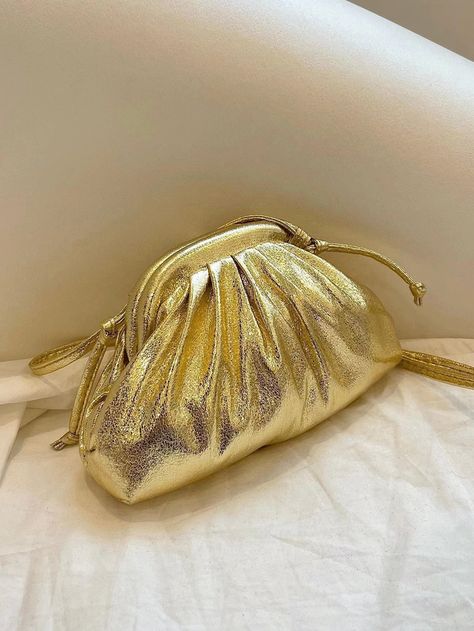 Gold Glamorous Collar  Polyamide Plain Ruched Bag Embellished   Women Bags Dinner Party Style, Gold Clutch Bag, Ruched Bag, Prom Bag, Dome Bag, Pu Bag, Clutches For Women, Gold Clutch, Adjustable Bag