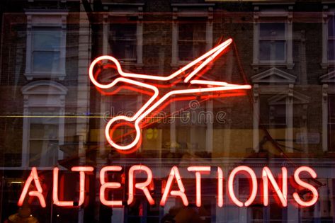 Alterations neon sign. A red neon sign of scissors and the word 'ALTERATIONS' in , #spon, #sign, #red, #Alterations, #neon, #scissors #ad Red Neon Sign, For What It's Worth, Red Neon, On Writing, Business Icons Design, Stock Photography Free, Blog Writing, Shop Window, Make It Work