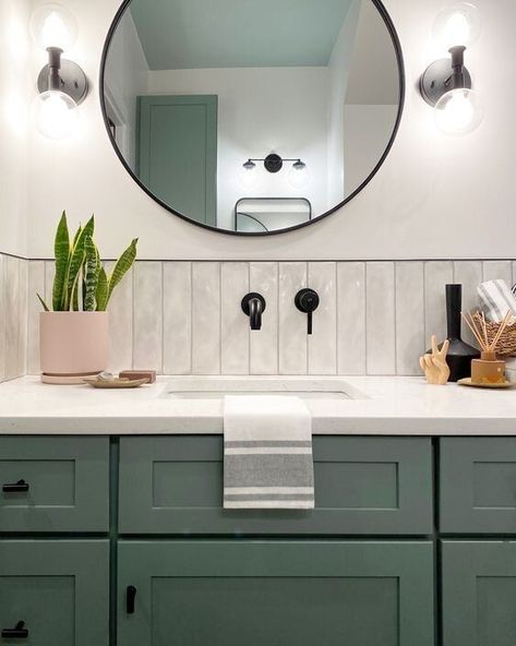 15 BUDGET FRIENDLY WAYS TO UPGRADE YOUR BATHROOM VANITY - Anuri's Journey Bathroom Ideas With Green Vanity, Diy Bathroom Sink Backsplash, Vanity Toilet And Sink, Grey Green Bathroom Vanity, Sage Bathroom Cabinets, Green Bathroom Vanity Ideas, Tile Backsplash Bathroom Vanity, Bathroom Vanity Renovation, Diy Tile Backsplash