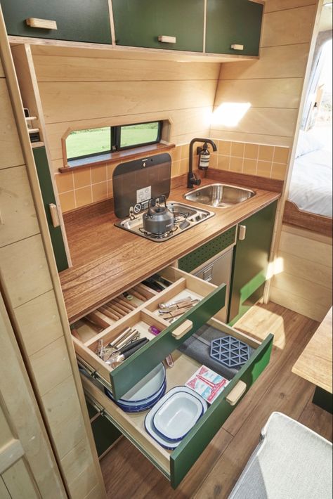 Campervan Kitchen Ideas, Campervan Kitchen, Quirky Campers, Being In Nature, Cargo Trailer Conversion, Van Dwelling, Diesel Heater, Campervan Rental, Van Conversion Interior