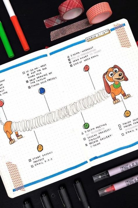 If you're a fan of the Toy Story movies (who isn’t?), you can't go wrong with this slinky dog themed spread inspired by our beloved character from Woody's Roundup. #BuJo #Disney #BulletJournal Notes Journal Ideas, Disney Bullet Journal, Slinky Toy, خريطة ذهنية, Slinky Dog, Note Taking Tips, Mind Map Design, School Book Covers, Bff Gifts Diy