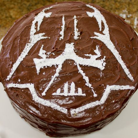 Devil's food cake with a Lindt ganache frosting and powdered sugar dusting Easy Star Wars Cake, Star Wars Cake Easy, Star Wars Cake Diy, Star Wars Torte, Star Wars Cakes, Darth Vader Cake, Star Wars Birthday Cake, Star Wars Cupcakes, Lego Birthday Cake