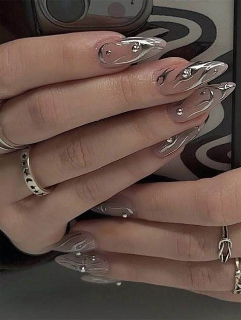 Instantly Upgrade Your Look With 24pcs Press On Nails Medium Almond Simplicity Solid Color Goth Nail Glitter Grey Nails Pearl Full Cover False Nail For Women And Girls 1pc Nail File & 1sheet Tape | SHEIN USA Nails Medium Almond, Birthday Nail Designs, Press On Nails Medium, Medium Almond, Quartz Nail, Goth Nails, Vibrant Nails, Y2k Nails, Gray Nails