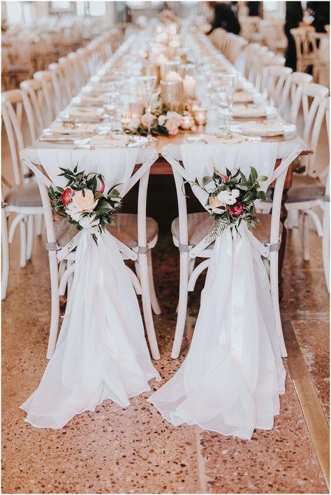 Sweetheart + head table design. Bride and groom’s wedding chair decor. Chair decorations.     Minneapolis Wedding Venue: The Machine Shop | Minnesota Wedding Planner: Rosetree Weddings & Events | Hair for Katie: Carly Haviland Makeup Artist: Lady Vamp | Florals: Sadie's Couture Floral & Event Styling | Photography: Russell Heeter Photography | Rentals: Rudy's Rentals, Linen Effects, Quest Events, Phos Events Wedding Stairs, Wedding Chair Decor, Bride Groom Chairs, Brides Chair, Bride Groom Table, Having Faith, Wedding Ceremony Ideas, Wedding Chair Decorations, Made For Each Other