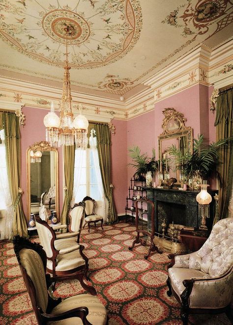 The Drawing Room of a mansion built in 1896.                                                                                                                                                                                 More Victorian Homes Interior, Victorian Rooms, Victorian Interior Design, Victorian Living Room, Victorian Parlor, Victorian Home Interior, Victorian Home Decor, Pink Victorian, Victorian Interior