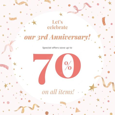 Free PSD | Anniversary sale template psd with 70% off for social media post Anniversary Sale Poster, Party Banner Template, Autumn Confetti, Sale Template, Confetti Background, Party Streamers, Party Poppers, Happy Birthday Celebration, Celebration Background